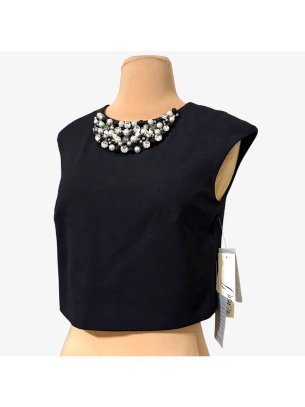 NWT Eliza J Embellished Pearl Jewels Crop Top 4 Black NEW Party Glam Holidays